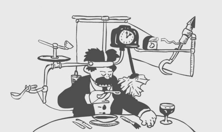 Cartoon man eating with machine